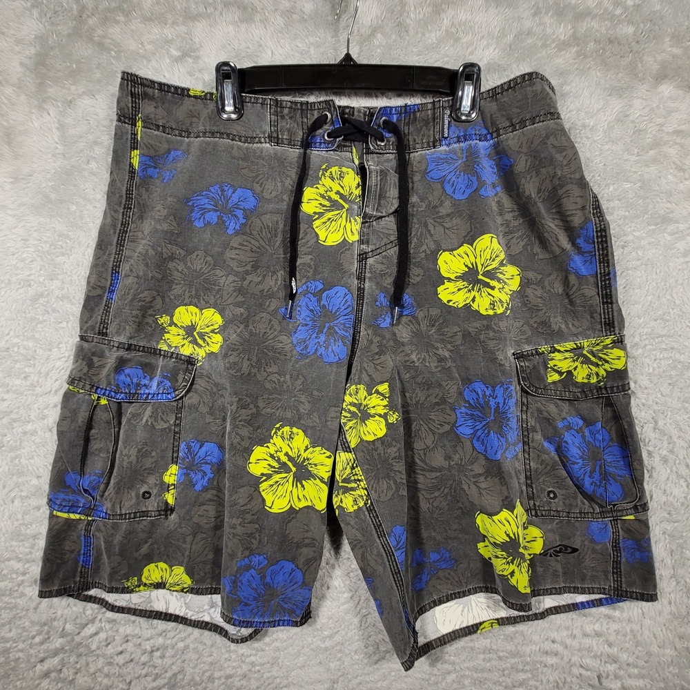 Palmwave Board Shorts Mens 38 Gray Floral Cargo Pockets‎ Swim Trunks